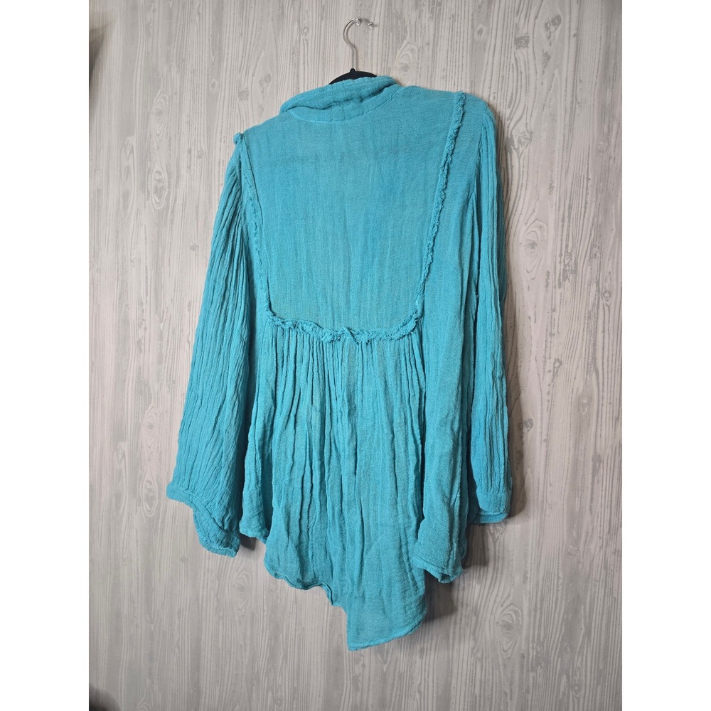 Jens Pirate Booty Turquoise Blue Gauze Bell Sleeve Tunic Top Womens Size Medium - Picture 3 of 7
